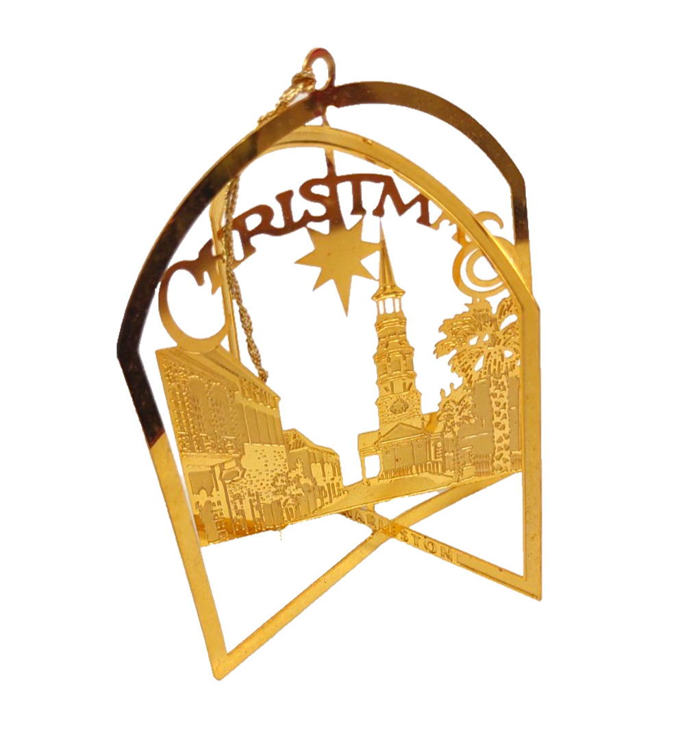 VTG 1993 CHARLESTON SC 24K Gold Plate Flat CHRISTMAS ORNAMENT St. Philips Church